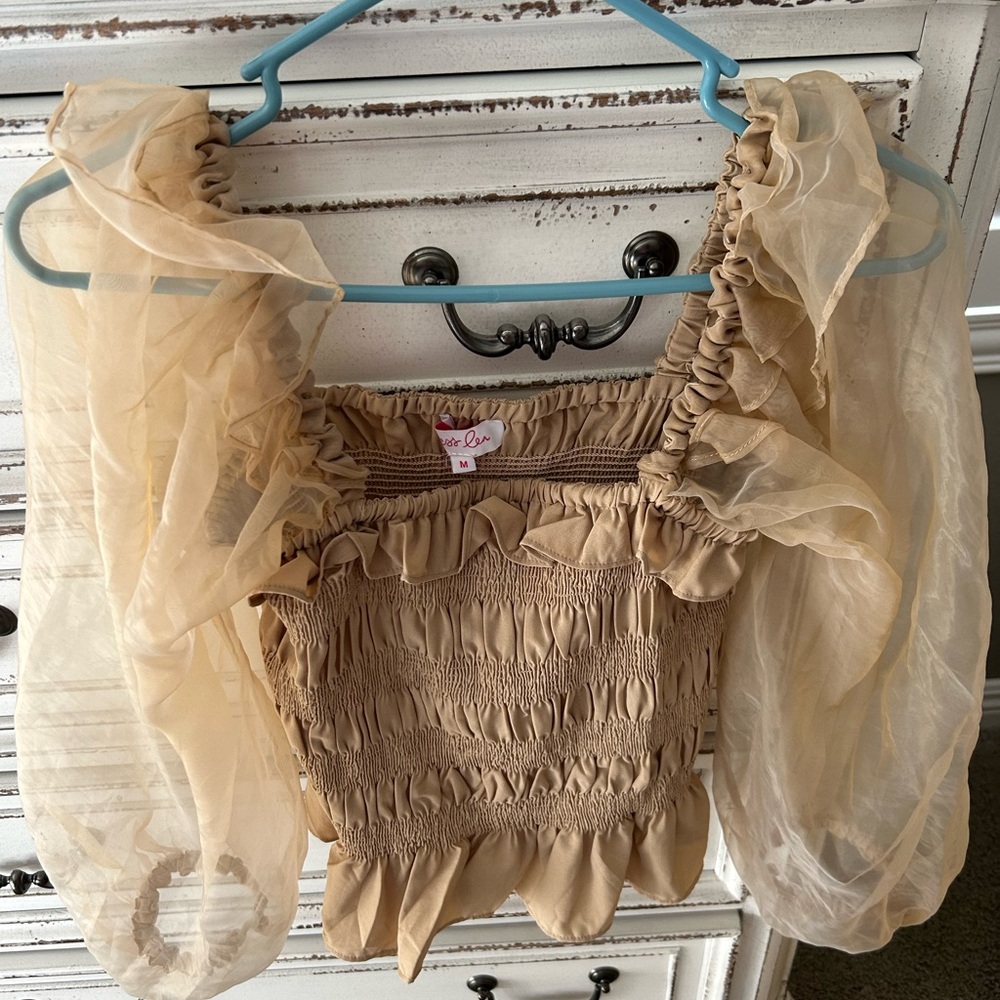 Tan Smocked Top with Sheer Sleeves
